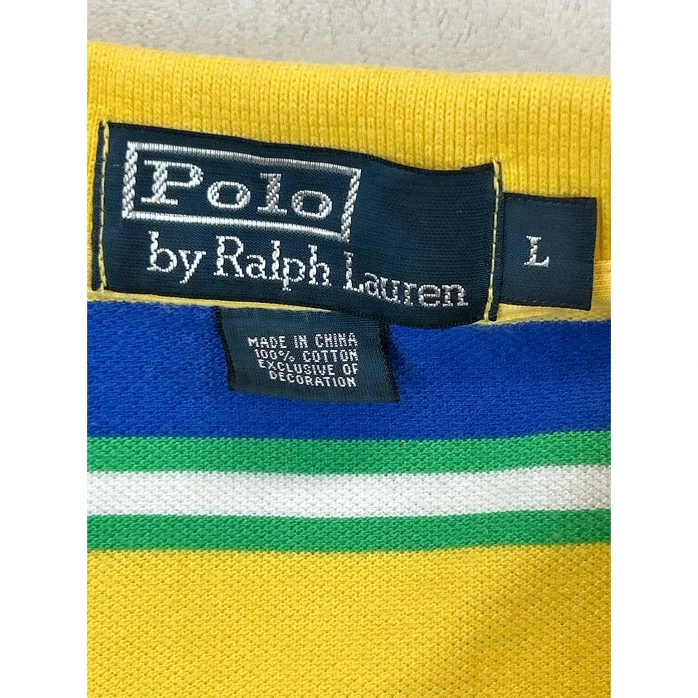 Polo Ralph Lauren‎ Polo Shirt Mens Large Yellow Blue Green Striped Short Sleeve